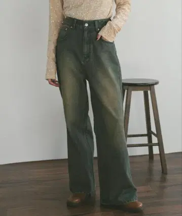 VANNIE U 오버 다이 세미 플레어 데님 팬츠 인디고 블루