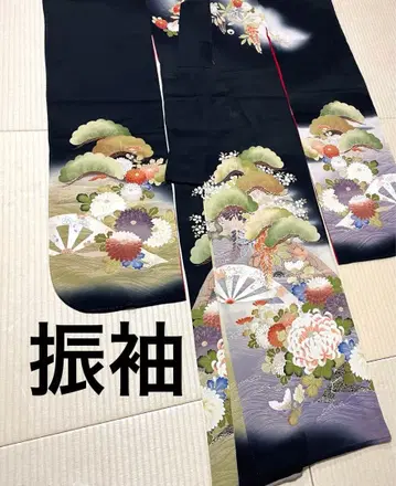 앤티크 블랙 베이스 유젠 후리소데 동안은 홍견