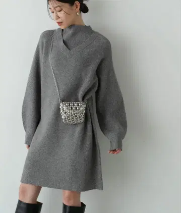 새상품급 레이어드 스타일 골지 니트 미디 원피스 베이지