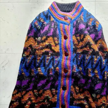 빈티지 레트로 코디 가디건 멜란지 믹스 기하학 패턴