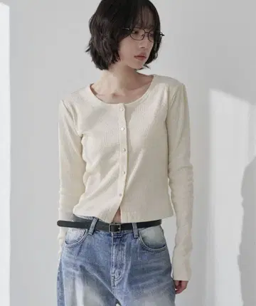 UNE MANSION 숄더 퍼프 실버 버튼 와플 소매 가디건