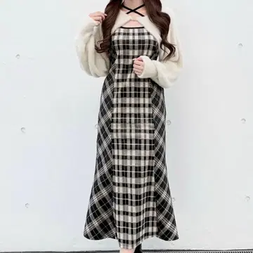 노마에 샤기 볼레로 롱 체크 원피스 베이지 계열 기타