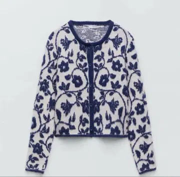 ZARA 자라 플라워 자카드 니트 가디건 울 블루