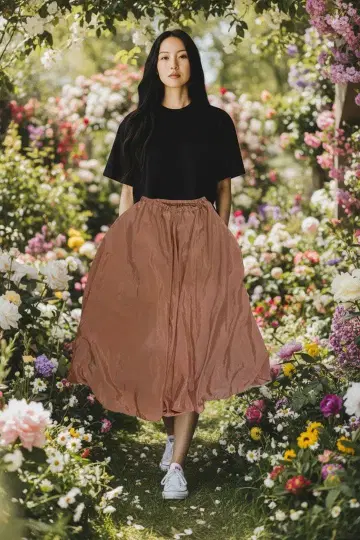 Loungedress 일본제 새틴 플레어 롱 스커트 핑크 허리밴딩