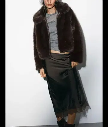 [택 포함 새상품] ZARA 새틴 레이스 미디 스커트 초콜릿 브라운 S