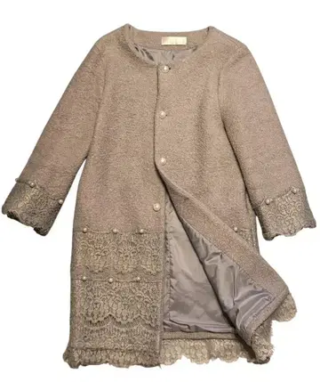 노카라 베이지 펄 버튼 롱 코트 레이스 울