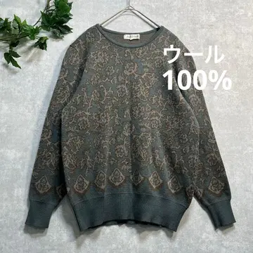 그린 계열 보태니컬 무늬 울 쇼와 레트로 구제 의류 숏 기장 니트