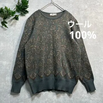 그린 계열 보태니컬 무늬 울 쇼와 레트로 구제 의류 숏 기장 니트