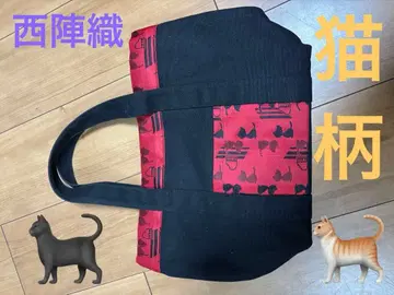 니시진 비단 블랙과 레드 고양이 패턴 토트백