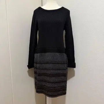 이소재 도킹 원피스 트위드 긴팔 리브 니트 블랙/그레이 44