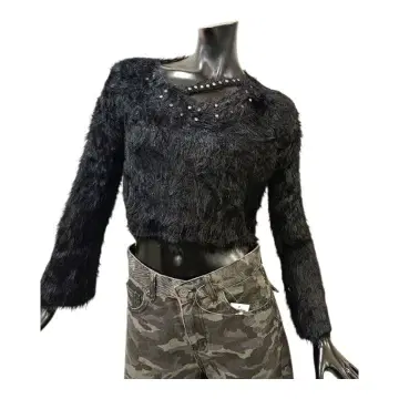 블랙 퍼 스타일 큐빅 장식 크롭 스웨터 택 포함 미사용