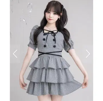 pium 크로스 벨트 반팔 티어드 미니 원피스 깅엄