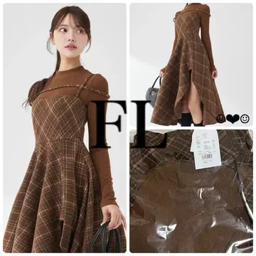 Darich 레이어드 체크 언밸런스 헴 미디 원피스 브라운 FL