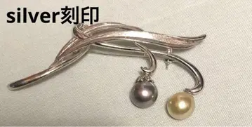 silver 각인 펄 브로치 진주 2알 9mm 흔들리는 디자인