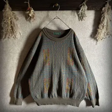 니트 올 패턴 L 사이즈 빈티지 레트로 개성파 와이드 소매