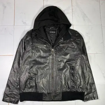 GUESS 게스 후드 부착 가죽 자켓 인조 가죽 블랙