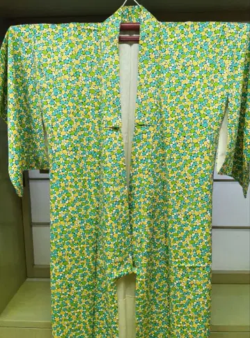 코몬 기모노 꽃무늬 그린 옐로우 컬러