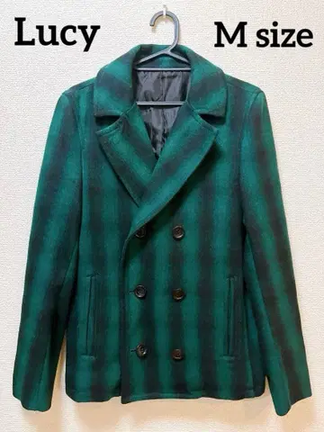 남성용 Lucy 피 코트 그린 x 블랙 블록 체크 M 사이즈