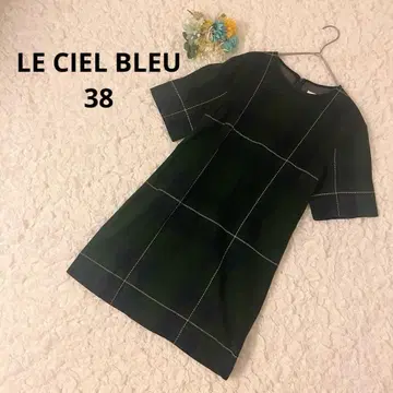 르쉘 블루 미니 원피스 체크 무늬 칠부 소매 코튼 혼방 38