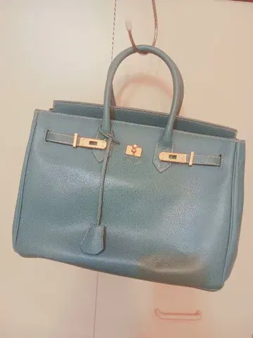 파랑 천연 가죽 버킨 토트백 골드 금장 장식