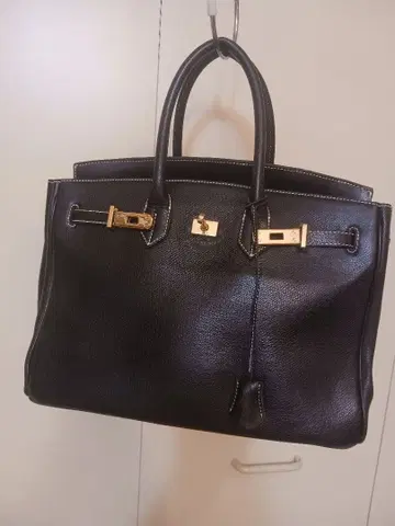 블랙 천연 가죽 버킨 토트백 골드 금장 장식