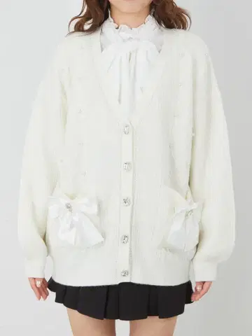 Ank Rouge 하트 케이블 니트 리본 가디건 화이트 앙크루즈