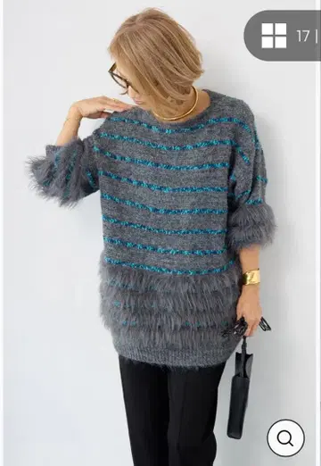 OTOHA 배색 라인 샤기 니트 그레이 OTOHA