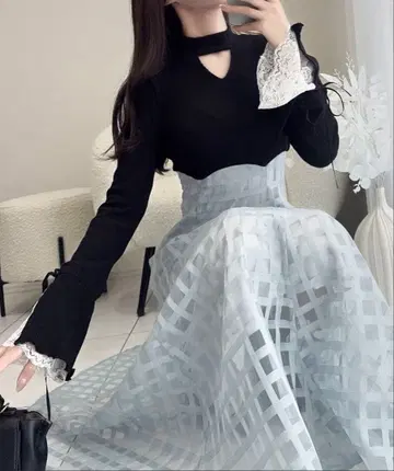 mily bilet 소매 레이스 리브 니트 도킹 원피스