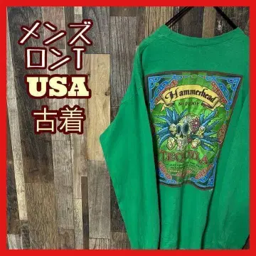 남성용 그린 프린트 스컬 L 롱T 구제 의류 90s 긴팔 티셔츠