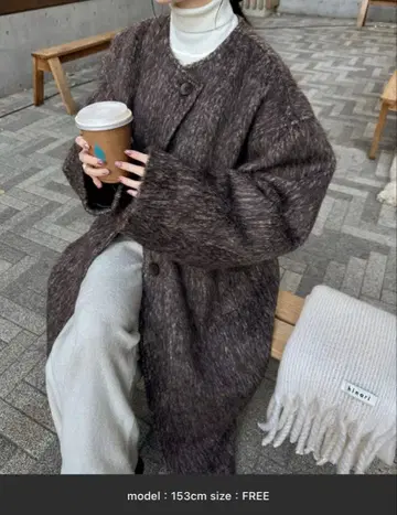 [ 미사용 새상품 ] hinari 노카라 샤기 롱 코트