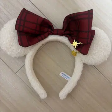 미키마우스 머리띠 빨간색 체크 리본 크리스마스
