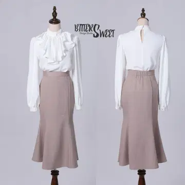 블라우스 타이트 스커트 세트 핑크 그레이 택 포함 새상품 L XL