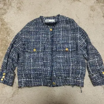 ZARA 네이비 트위드 노카라 자켓 S