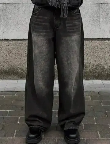 와이드 스트레이트 데님 배기 블랙 블랙