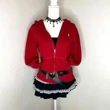 폴로 랄프 로렌 빨간색 풀 집업 후드티 L y2k 그런지 헤이세이 레트로