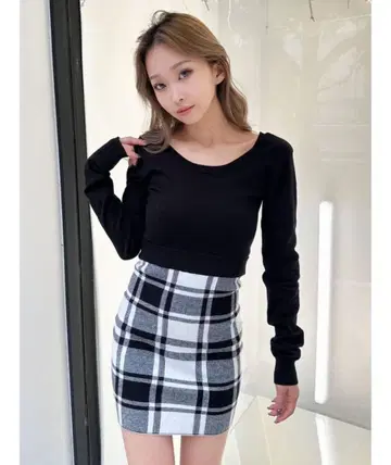 GYDA 체크 스커트 도킹 타이트 니트 원피스