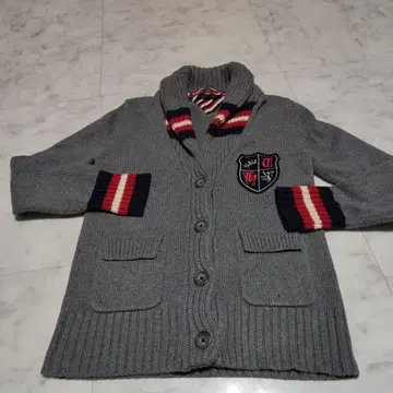 TOMMY HILFIGER 그레이 가디건 보더 옷깃 엠블럼 부착