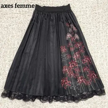 axes femme 피안화 꽃무늬 플레어 레이스 블랙 플리츠 스커트