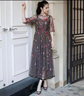 튤 플라워 자수 레이스 종아리 기장 플레어 결혼식 원피스 드레스