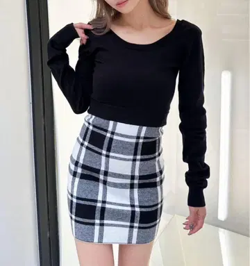 GYDA 체크 스커트 도킹 타이트 니트 원피스