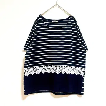 에우르큐브 상의 반팔 네이비 보더 레이스 캐주얼 봄 여름