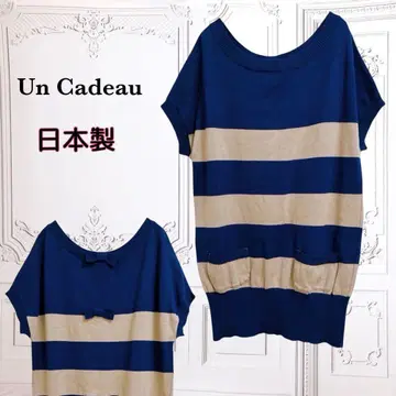 [앙카두] 니트 티셔츠 스웨터 [F] 네이비 보더 반팔 리본