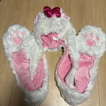 디즈니 마리 머플러 팬캡 귀 달린 후드 화이트와 핑크