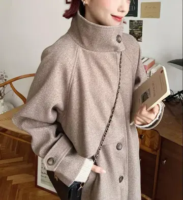 moment+ 니트 멜톤 스탠드 카라 케이프 코트 브라운