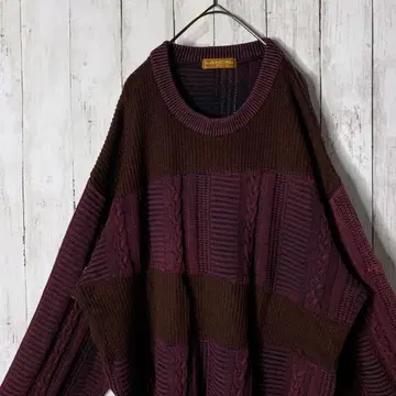 일본제 올 패턴 디자인 니트 자수 케이블 버건디 와이드 소매 빅 루즈