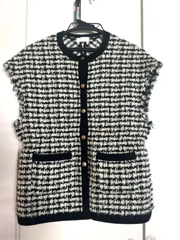 보르지 니트 콤비 트위드 프렌치 슬리브 지레 베스트 화이트 블랙