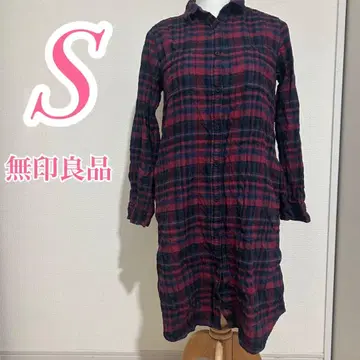무인양품 MUJI 네이비 레드 체크 셔츠 원피스 S 면 100%
