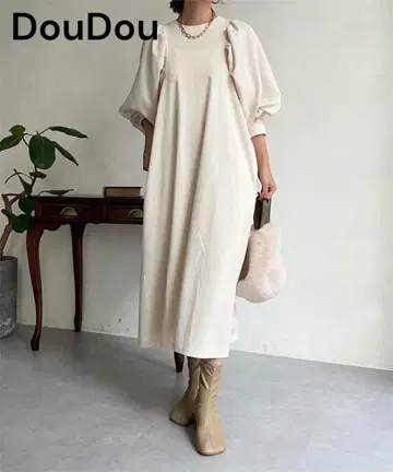 DouDou 볼륨 소매 이소재 절개 원피스 베이지