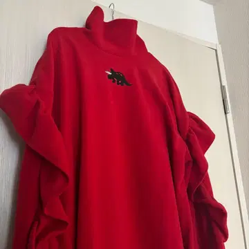 캔디 스트리퍼 레드 프릴 하이넥 미니 원피스