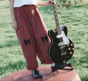 meugler 팬츠 빨간색 체크 블랙 리본